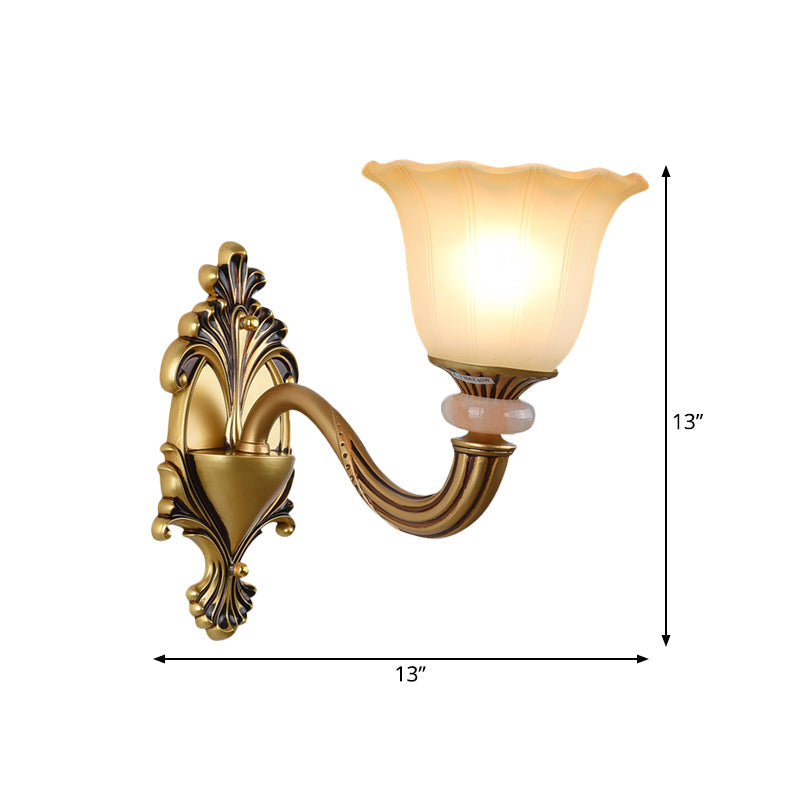 Traditional Flower-Shape Opal Glass Wall Sconce Light Fixture In Brass