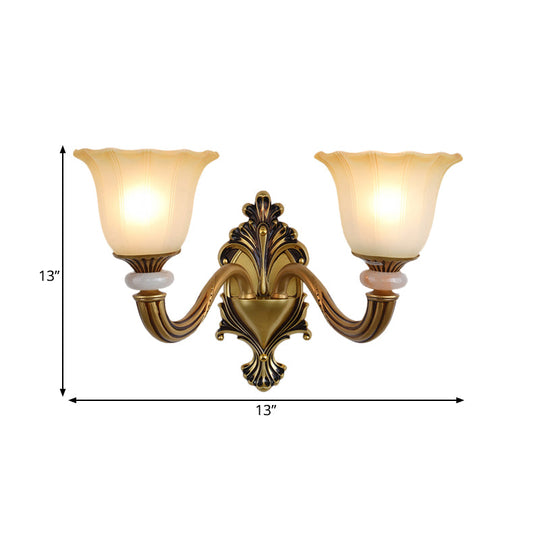 Traditional Flower-Shape Opal Glass Wall Sconce Light Fixture In Brass