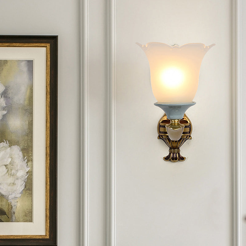 Traditional Flower-Shape Opal Glass Wall Sconce Light Fixture In Brass