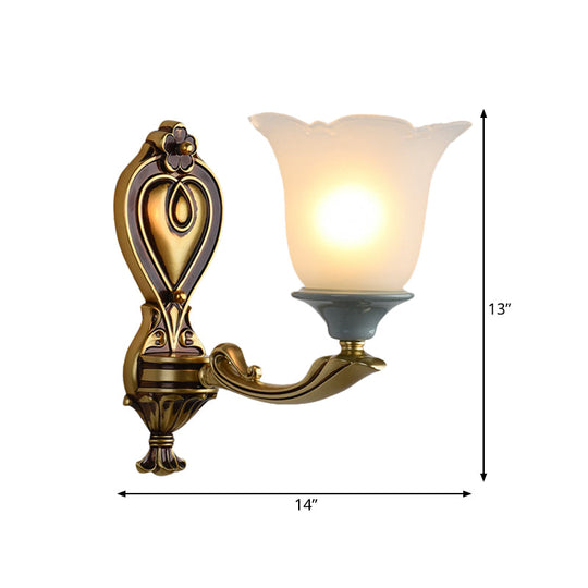 Traditional Flower-Shape Opal Glass Wall Sconce Light Fixture In Brass