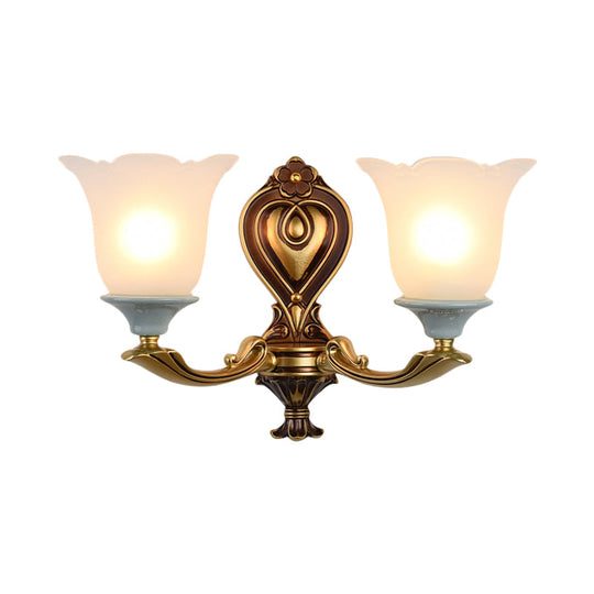 Traditional Flower-Shape Opal Glass Wall Sconce Light Fixture In Brass