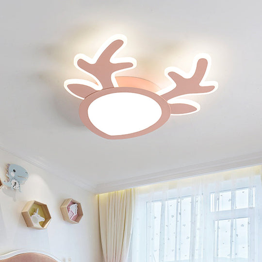 Macaroon Pink/Blue Led Childrens Bedroom Ceiling Light - Antler Iron Flush Mount Lamp Pink
