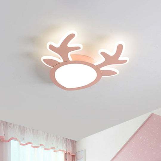 Macaroon Pink/Blue Led Childrens Bedroom Ceiling Light - Antler Iron Flush Mount Lamp