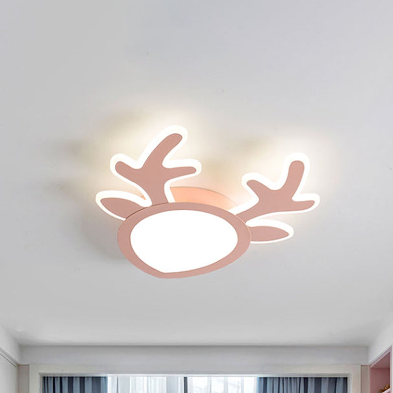 Macaroon Pink/Blue Led Children’s Bedroom Ceiling Light - Antler Iron Flush Mount Lamp