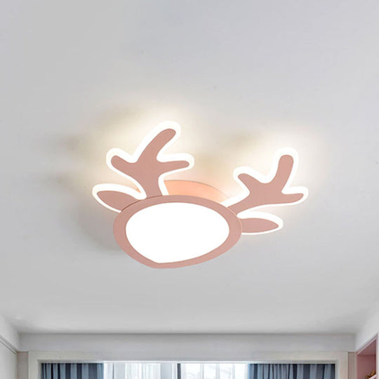 Macaroon Pink/Blue Led Childrens Bedroom Ceiling Light - Antler Iron Flush Mount Lamp
