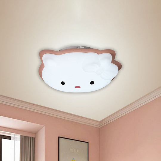 Kids Cartoon Cat Led Flush Mount Light Fixture For Pink/Blue Bedroom Décor Pink