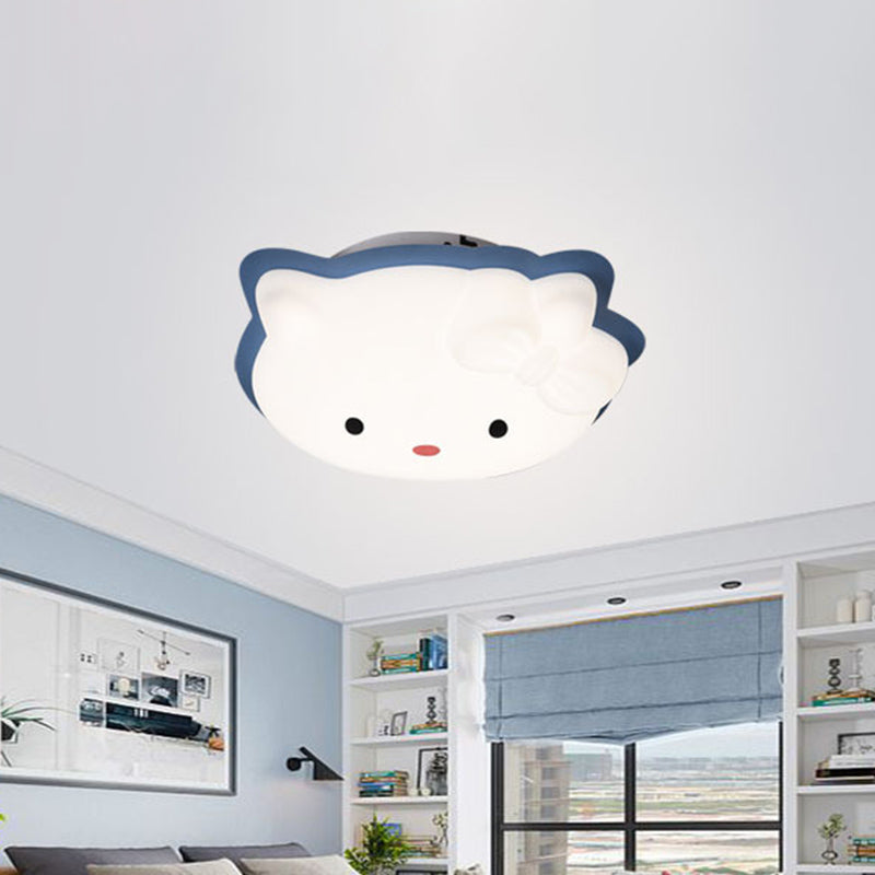 Kids Cartoon Cat Led Flush Mount Light Fixture For Pink/Blue Bedroom Décor