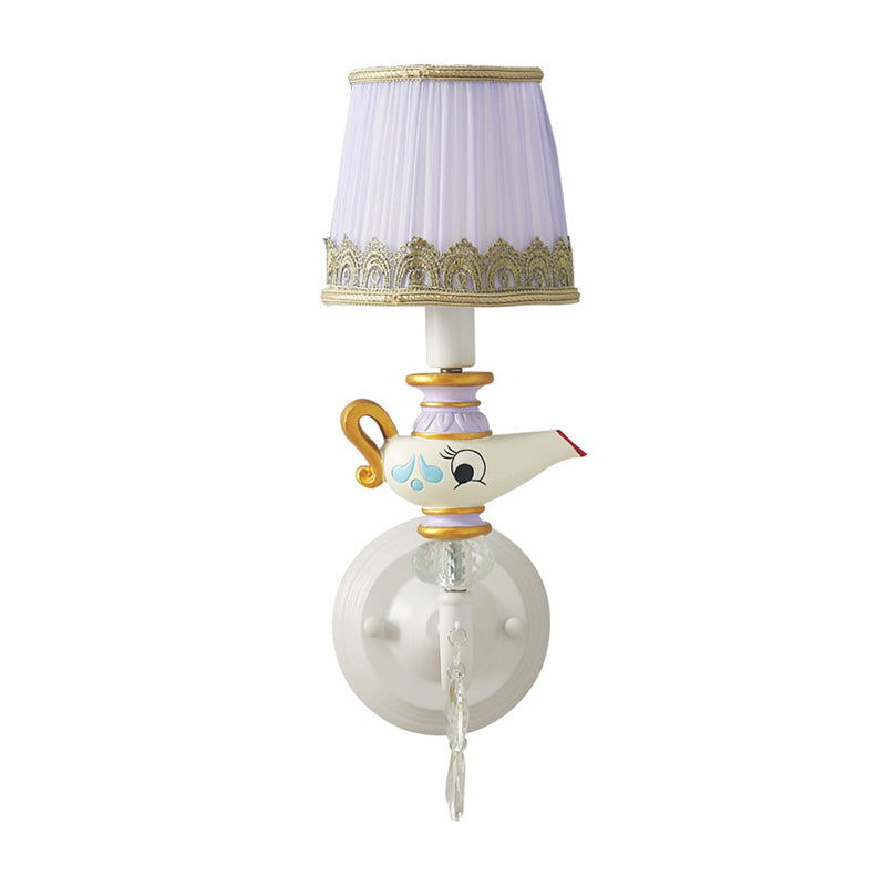 Contemporary White-Gold Teapot Deco Indoor Sconce Light With Barrel Fabric Shade