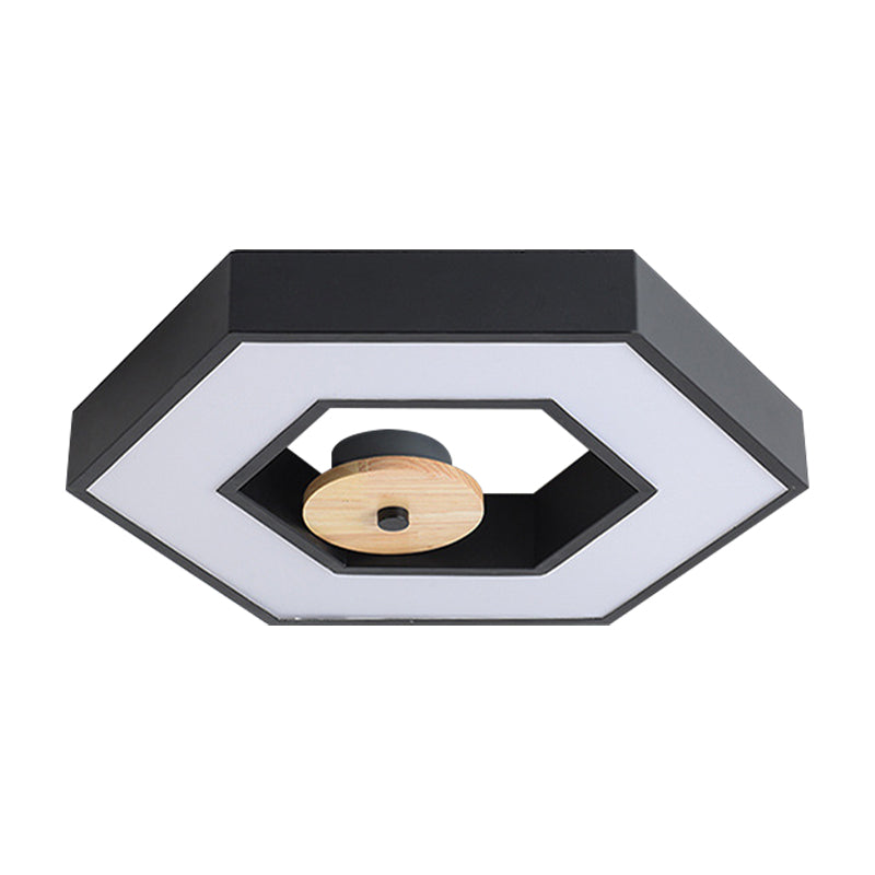 Hexagon Frame Metallic Led Macaron Flush Mount Ceiling Lighting In Green/Grey/Black And Wood For