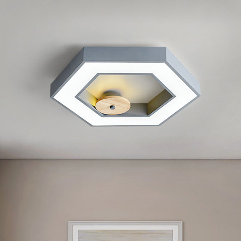 Hexagon Frame Metallic Led Macaron Flush Mount Ceiling Lighting In Green/Grey/Black And Wood For