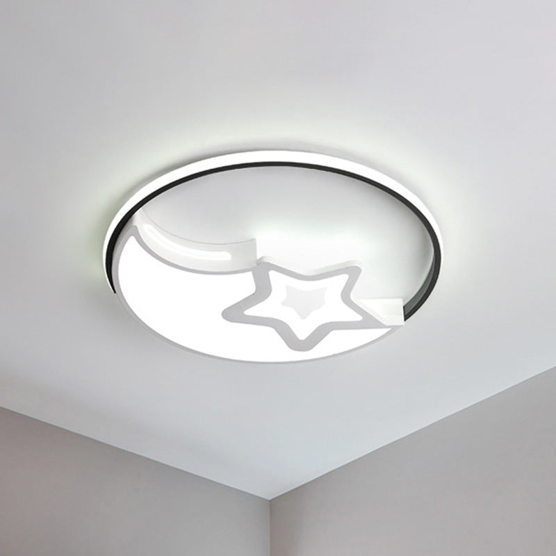 Nordic Led Flushmount Lamp - White-Black Moon And Star Design Acrylic Shade In Warm/White Light