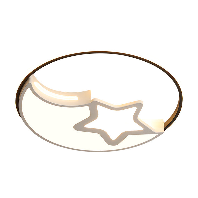 Nordic Led Flushmount Lamp - White-Black Moon And Star Design Acrylic Shade In Warm/White Light