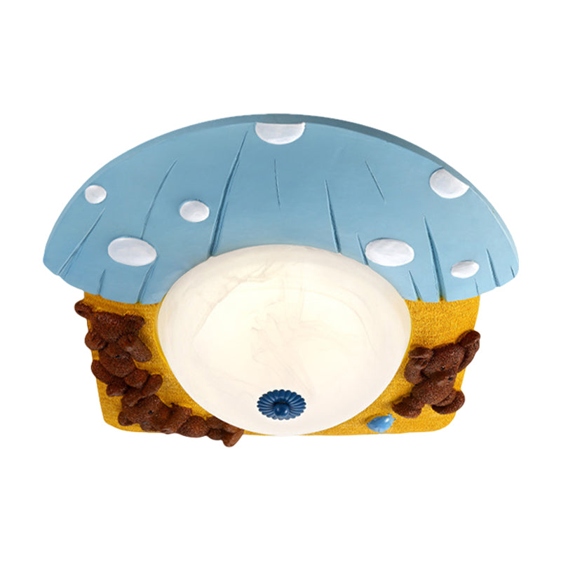 Cartoon Bear Ceiling Mounted Led Flush Light For Kids Rooms - Red/Blue With White Glass Shade