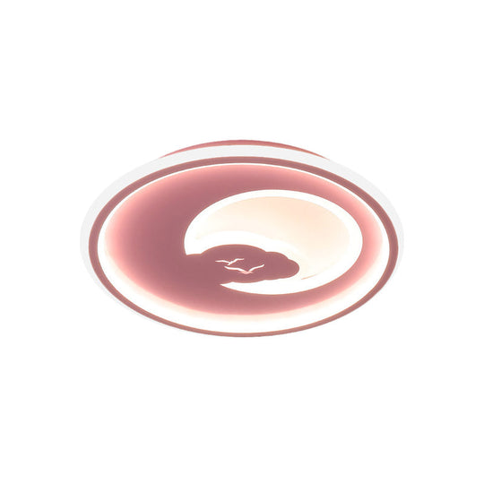 Modern Led Bedroom Light: White/Pink Flush Mount Ceiling Fixture With Moon Acrylic Shade