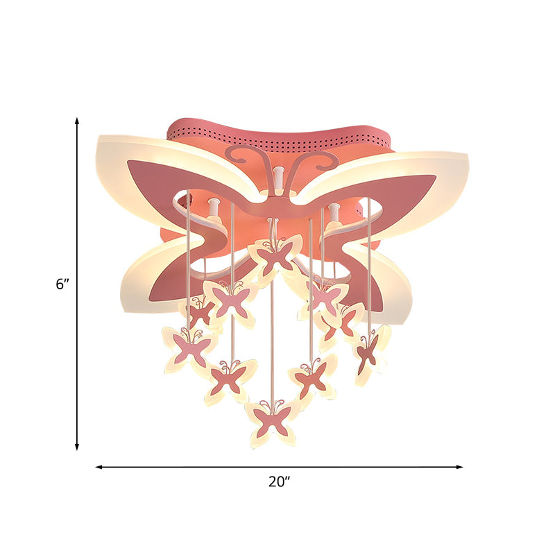 Led Bedroom Flush Light: Pink Ceiling Mounted Fixture With Butterfly Acrylic Shade In Warm/White