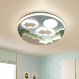 Cartoon Blue Led Flush Mount Nursery Ceiling Lamp With Cloud And Moon Acrylic Shade