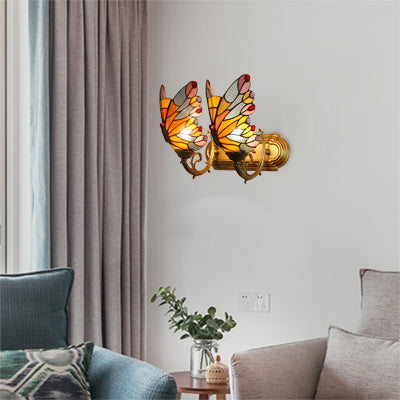Butterfly Sconce Stained Glass Rustic Vanity Lighting With 2 Lights In Brass For Lodge Décor Yellow