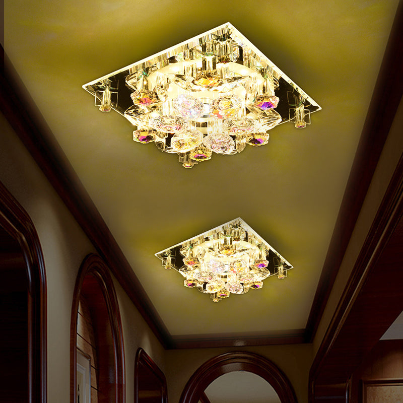 Clear Crystal 5-Light Flush Mount With Flower Shade - Minimal Design / Square Plate