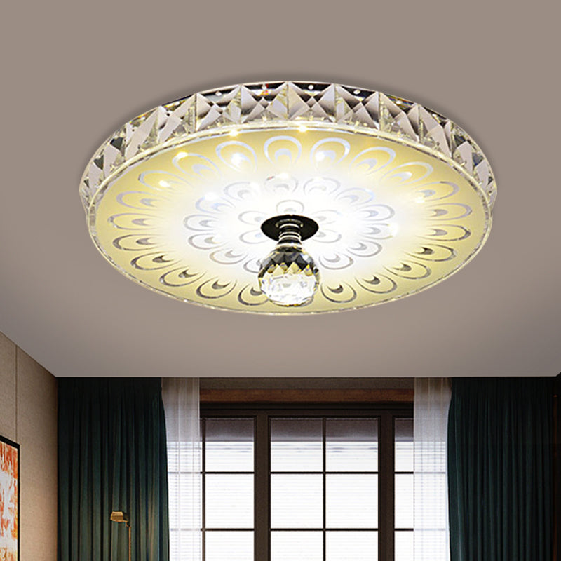 Round Flush Mount Led Crystal Ceiling Light In White With Peacock Tail Pattern - Warm/White /