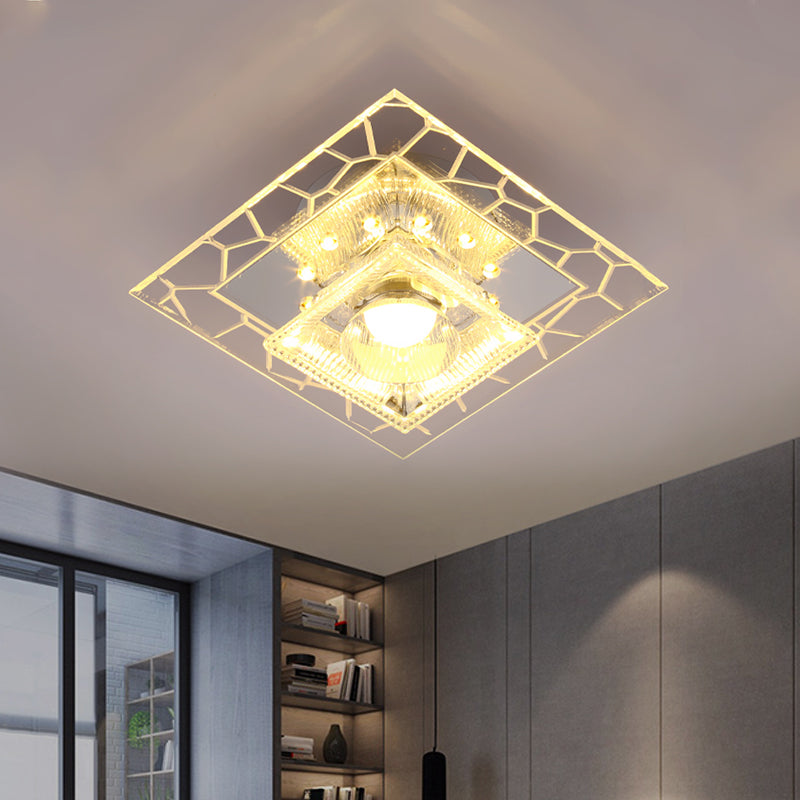 Modern White Square Flushmount Led Ceiling Light With Clear Prism Crystal For Corridors