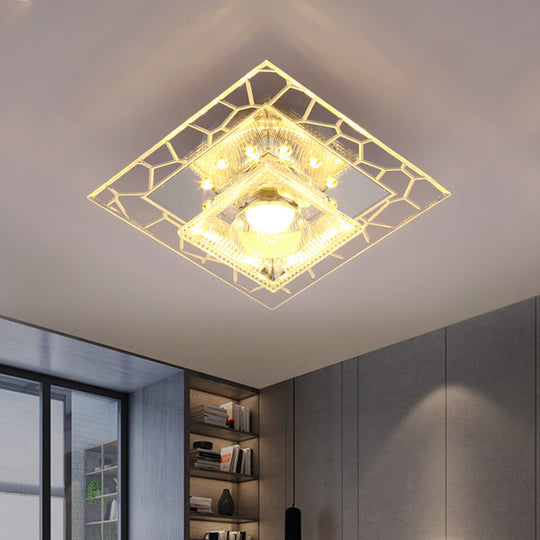 Modern White Square Flushmount Led Ceiling Light With Clear Prism Crystal For Corridors
