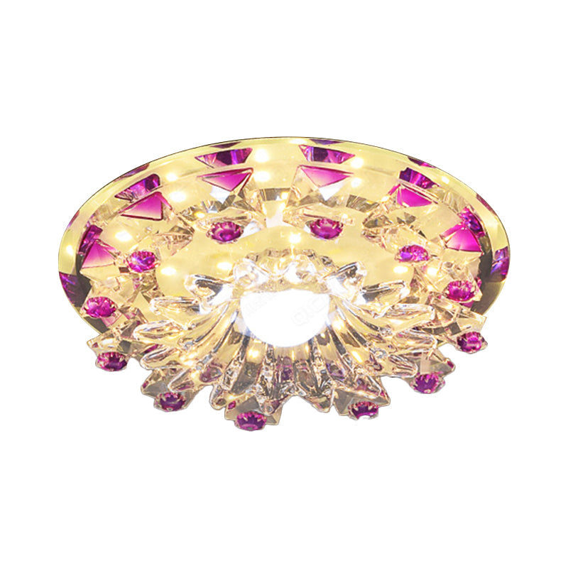 Modern Beveled Crystal Flower Flush Mount Led Ceiling Light Fixture In Purple - Perfect Hallway