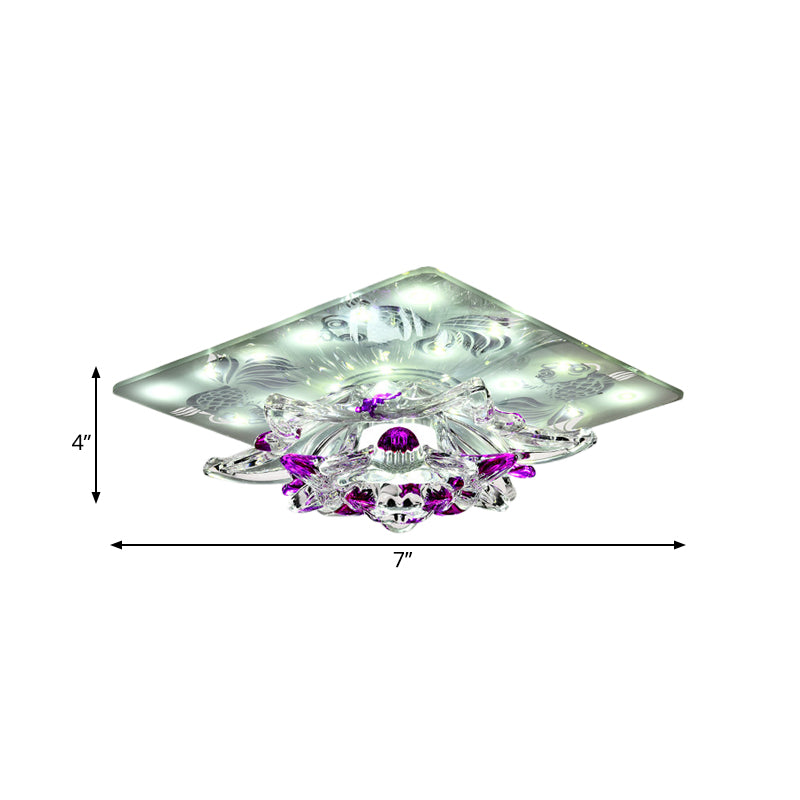 Minimal Clear Crystal Led Flush-Mount Porch Ceiling Lamp In Rose Red With Warm/White Light