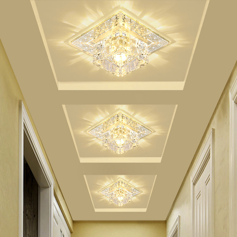 Modernist Crystal Block Flushmount Ceiling Light With Led - White/Warm