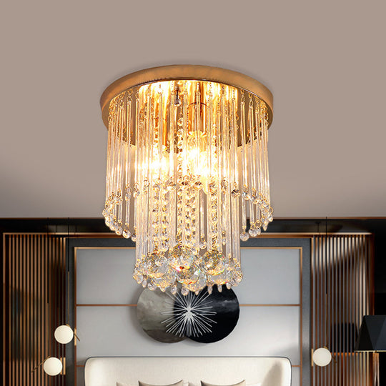Flush Mount Clear Crystal Ceiling Light Fixture In Gold - Double Layered Cylinder Design With 2