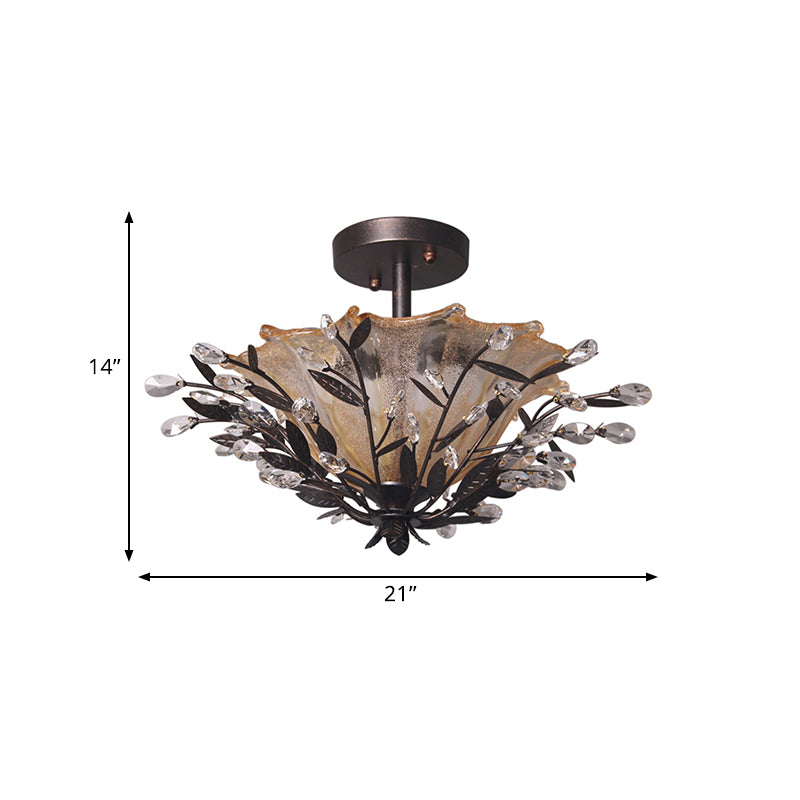 Modern Black Flared Semi-Flush Mount Ceiling Light With Amber Glass And Crystal Branch Accent – 2