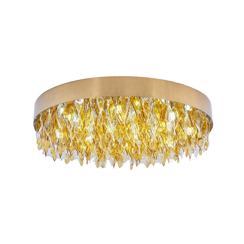 Contemporary Amber Crystal Teardrop Flush Mount Ceiling Fixture - 6 Lights Bedroom Gold