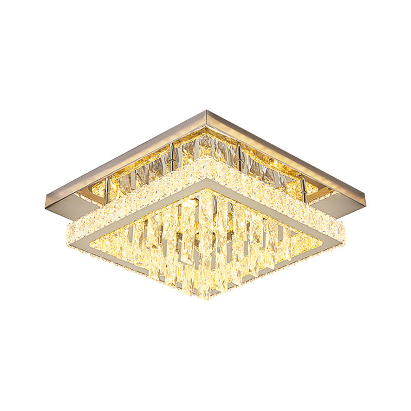 Modern Led Flush Mount Ceiling Light - Chrome Square Frame With Clear Crystal & Waterfall Design