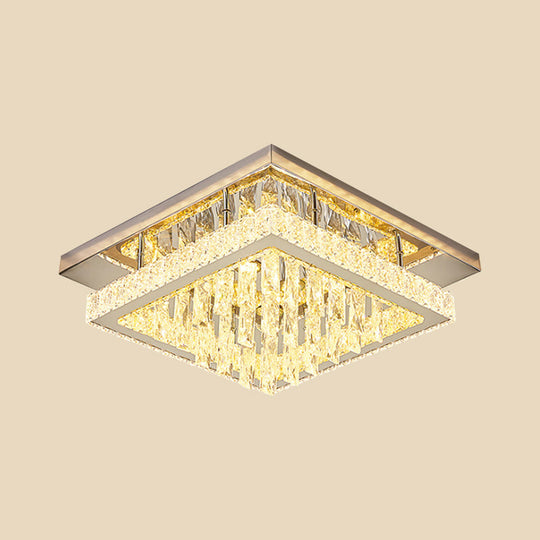 Modern Led Flush Mount Ceiling Light - Chrome Square Frame With Clear Crystal & Waterfall Design For