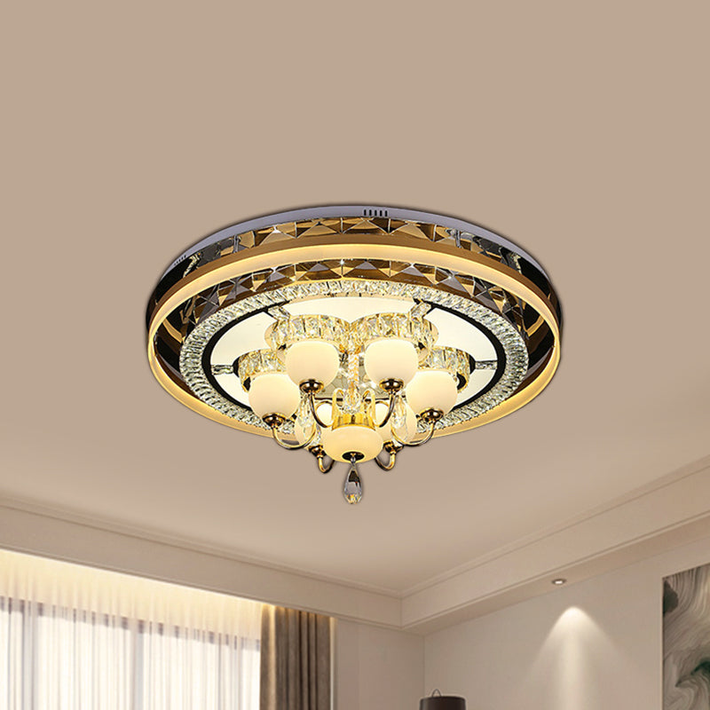 Gold Led Crystal Flush Mount Ceiling Light With Remote Dimming And Opal Shade.