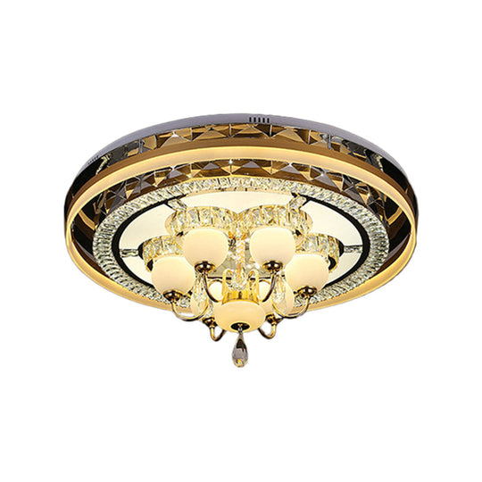 Gold Led Crystal Flush Mount Ceiling Light With Remote Dimming And Opal Shade.
