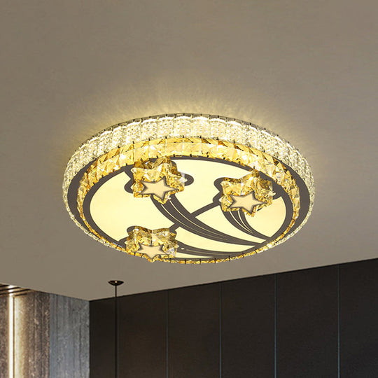 Simple Style 2-Tier Round Led Flush Ceiling Light With White Faceted Crystal Star Design