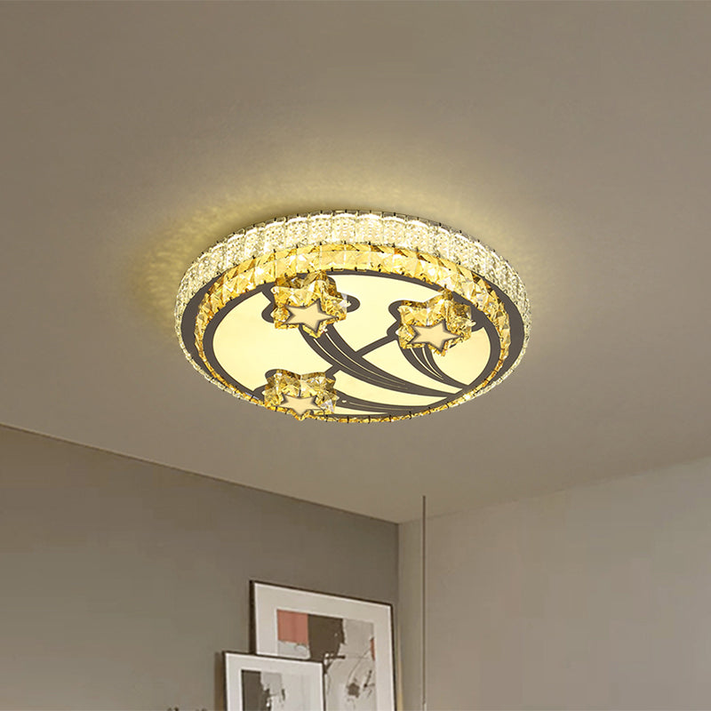 Simple Style 2-Tier Round Led Flush Ceiling Light With White Faceted Crystal Star Design