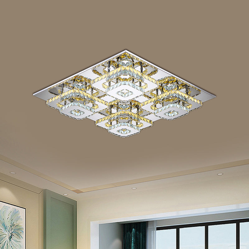 Contemporary Led Ceiling Flush Mount Light With Beveled Crystal Shade - Chrome Finish