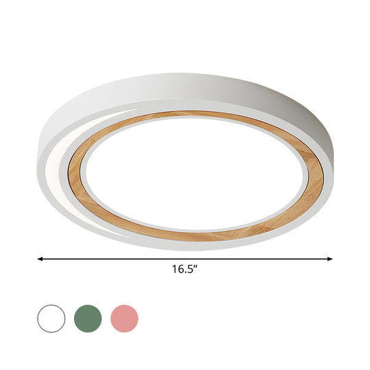 Acrylic Led Drum Ceiling Light For Kids’ Bedroom With Wood Ring - White/Pink/Green Flush Mount
