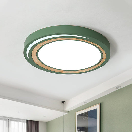 Acrylic Led Drum Ceiling Light For Kids’ Bedroom With Wood Ring - White/Pink/Green Flush Mount