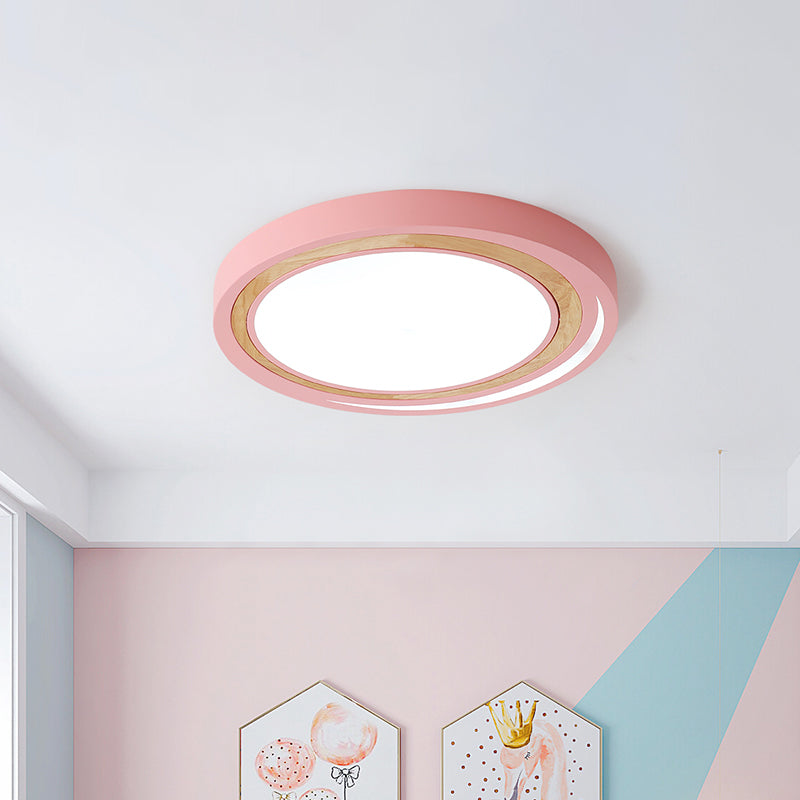 Acrylic Led Drum Ceiling Light For Kids’ Bedroom With Wood Ring - White/Pink/Green Flush Mount