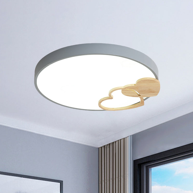 Nordic Led Acrylic Drum Flush Mount Ceiling Light With Heart Decor In Gray/White/Green Grey