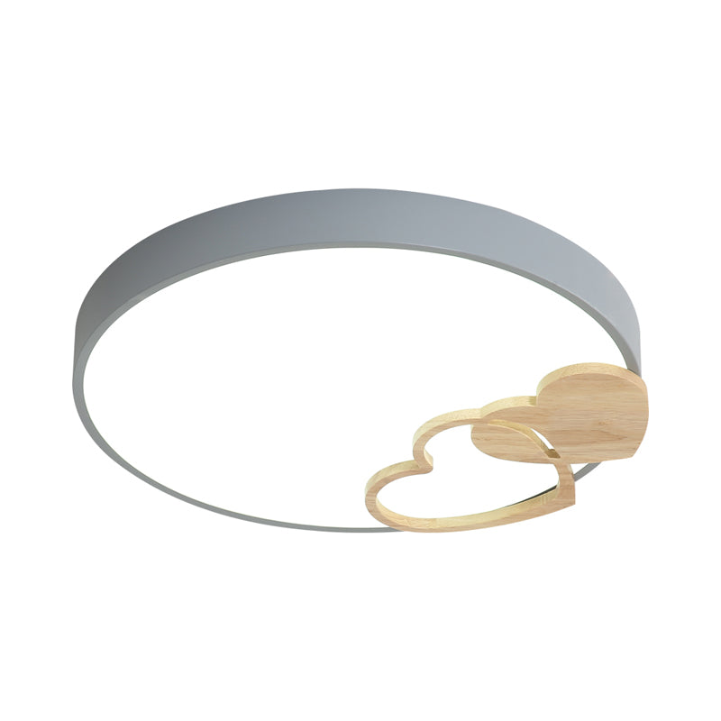 Nordic Led Acrylic Drum Flush Mount Ceiling Light With Heart Decor In Gray/White/Green