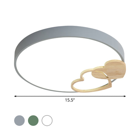 Nordic Led Acrylic Drum Flush Mount Ceiling Light With Heart Decor In Gray/White/Green