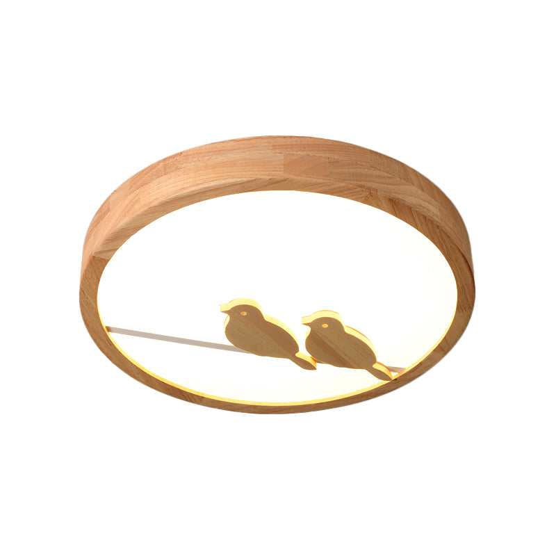 Modern Bird Pattern Led Drum Ceiling Light With Wood Finish