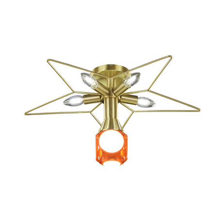 Modern Semi-Flush Mount Ceiling Lamp - 6 Bulbs Metal Shade White/Red Star Design Bedroom Lighting