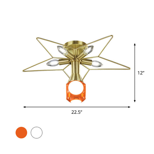 Modern Semi - Flush Mount Ceiling Lamp - 6 Bulbs Metal Shade White/Red Star Design Bedroom Lighting