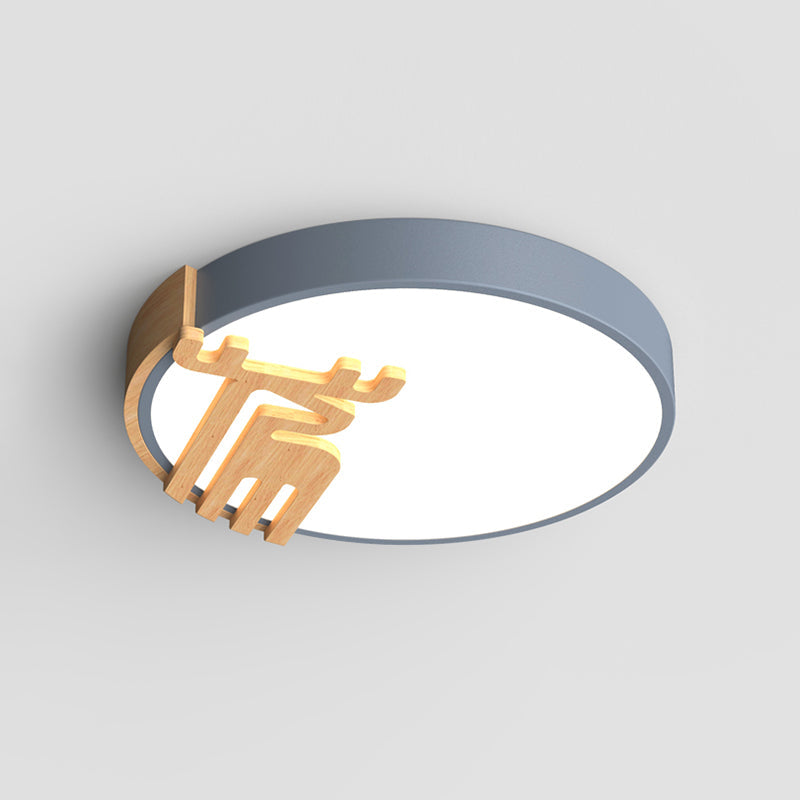 Nordic Acrylic Led Flush Light Fixture With Wood Deer Decoration - Gray/White/Green