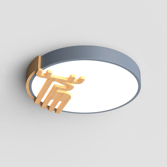 Nordic Acrylic Led Flush Light Fixture With Wood Deer Decoration - Gray/White/Green