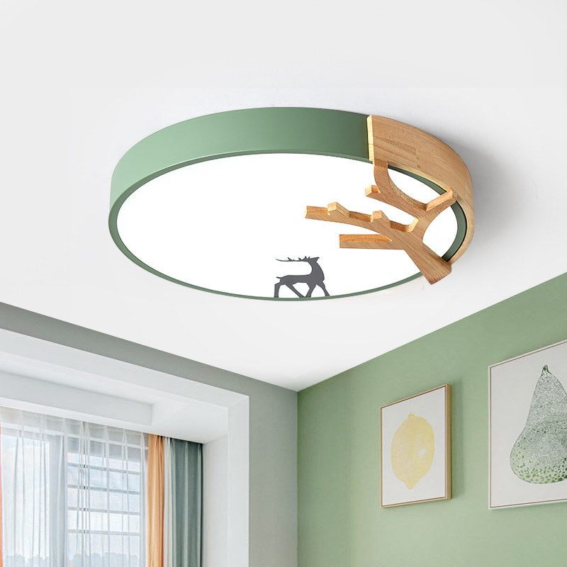 Contemporary Led Acrylic Drum Flush Mount Lighting - Green/White/Gray Ceiling Light With Deer